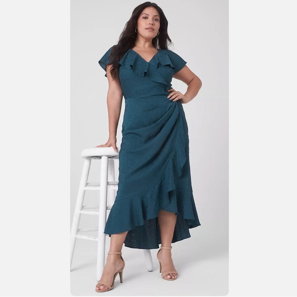 Lane Bryant Teal Ruffle Faux Wrap Midi Dress Size 22 - Picture 1 of 9